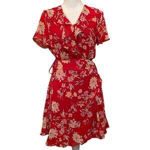 Lush Red Floral Wrap Dress with Ruffles Size Medium